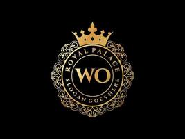 Letter WO Antique royal luxury victorian logo with ornamental frame. vector