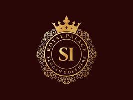 Letter SI Antique royal luxury victorian logo with ornamental frame. vector