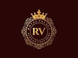 Letter RV Antique royal luxury victorian logo with ornamental frame. vector