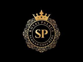 Letter SP Antique royal luxury victorian logo with ornamental frame. vector
