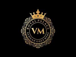 Letter VM Antique royal luxury victorian logo with ornamental frame. vector