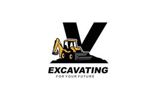 V logo excavator for construction company. Heavy equipment template vector illustration for your brand.