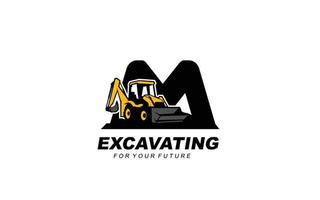 M logo excavator for construction company. Heavy equipment template vector illustration for your brand.