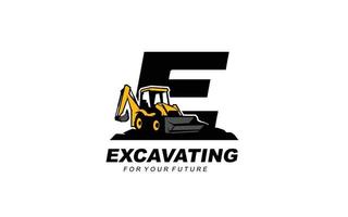 E logo excavator for construction company. Heavy equipment template vector illustration for your brand.