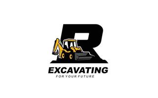 R logo excavator for construction company. Heavy equipment template vector illustration for your brand.