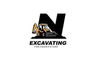 N logo excavator for construction company. Heavy equipment template vector illustration for your brand.