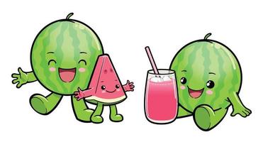 Cute Watermelon Cartoon Characters and a Glass of Watermelon Juice vector