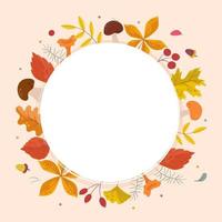 Autumn leaves frame, circular shape with different kind of leaves around, copyspace. Cute vector illustration in flat cartoon style, banner template