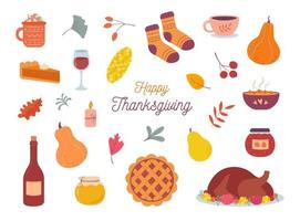 Thanksgiving day. Vector cozy set of autumn icons. Turkey, falling leaves, pumpkin pie, candle, cocoa mug, pumpkins, cozy food. Scrapbook collection of fall season elements.