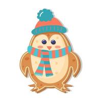 Christmas gingerbread penguin in a hat and scarf. New Year decorative cookie. Winter homemade sweet. vector