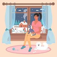 Girl with a cat sitting on the window. White spitz lying on the rug nearby. There is a winter night landscape outside the window. Winter mood, love pets, relaxing, cozy home concept. vector