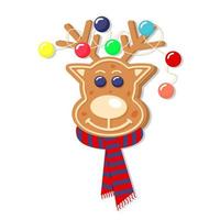 ciervo de pan de jengibre de navidad con adornos en sus astas y en una bufanda. galleta decorativa de año nuevo. dulce casero de invierno. vector