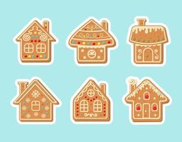 Christmas gingerbread house sticker set. New Year decorative glazed cookies. Winter homemade sweets. vector