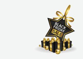 etiqueta de precio de venta de viernes negro con cinta dorada y caja de regalos banner blanco vector