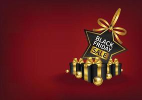 etiqueta de precio de venta de viernes negro con cinta dorada y caja de regalos fondo rojo vector