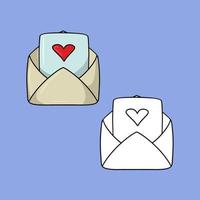 A set of images, a romantic open envelope, a letter for a declaration of love, a vector illustration in cartoon style on a colored background