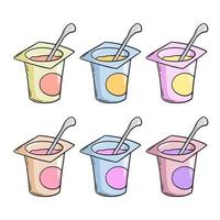 un conjunto de iconos de colores, un pequeño frasco de plástico abierto con yogur de frutas y una cuchara, un espacio de copia, un vector en estilo de dibujos animados