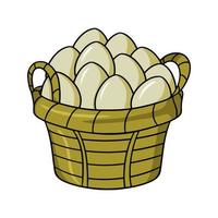 Large brown wicker basket with light chicken eggs, vector illustration in cartoon style on a white background