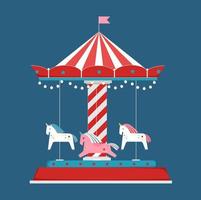 Bright carousel on blue background. Vector illustration with rotating merry-go-round with unicorns.