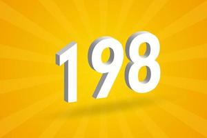 3D 198 number font alphabet. White 3D Number 198 with yellow background vector