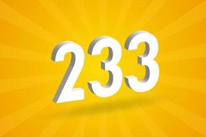 3D 233 number font alphabet. White 3D Number 233 with yellow background vector