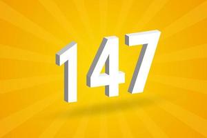 3D 147 number font alphabet. White 3D Number 147 with yellow background vector