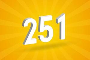 3D 251 number font alphabet. White 3D Number 251 with yellow background vector