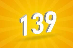 3D 139 number font alphabet. White 3D Number 139 with yellow background vector