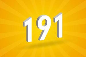 3D 191 number font alphabet. White 3D Number 191 with yellow background vector