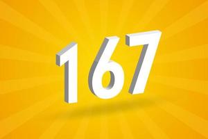 3D 167 number font alphabet. White 3D Number 167 with yellow background vector