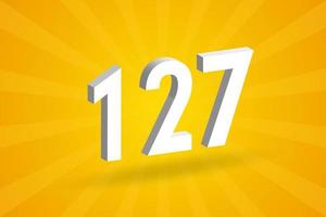 3D 127 number font alphabet. White 3D Number 127 with yellow background vector