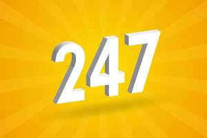 3D 247 number font alphabet. White 3D Number 247 with yellow background vector