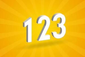 3D 123 number font alphabet. White 3D Number 123 with yellow background vector