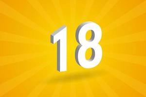 3D 18 number font alphabet. White 3D Number 18 with yellow background vector