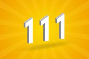 3D 111 number font alphabet. White 3D Number 111 with yellow background vector