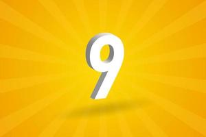 3D 9 number font alphabet. White 3D Number 9 with yellow background vector