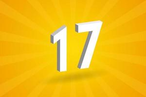 3D 17 number font alphabet. White 3D Number 17 with yellow background vector