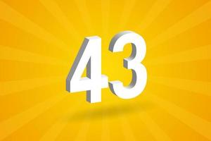 3D 43 number font alphabet. White 3D Number 43 with yellow background vector