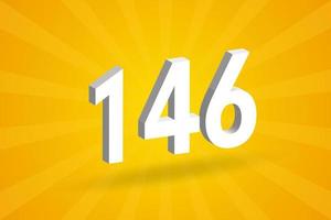 3D 146 number font alphabet. White 3D Number 146 with yellow background vector