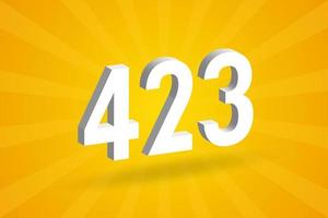 3D 423 number font alphabet. White 3D Number 423 with yellow background vector