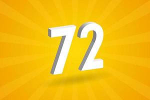 3D 72 number font alphabet. White 3D Number 72 with yellow background vector