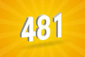 3D 481 number font alphabet. White 3D Number 481 with yellow background vector