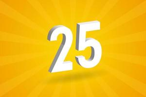 3D 25 number font alphabet. White 3D Number 25 with yellow background vector