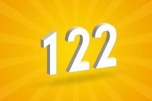 3D 122 number font alphabet. White 3D Number 122 with yellow background vector