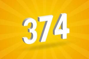 3D 374 number font alphabet. White 3D Number 374 with yellow background vector
