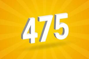 3D 475 number font alphabet. White 3D Number 475 with yellow background vector