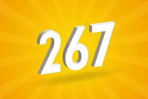 3D 267 number font alphabet. White 3D Number 267 with yellow background vector