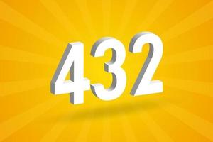 3D 432 number font alphabet. White 3D Number 432 with yellow background vector