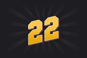 Number 22 vector font alphabet. Yellow 22 number with black background