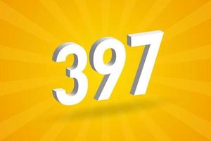 3D 397 number font alphabet. White 3D Number 397 with yellow background vector